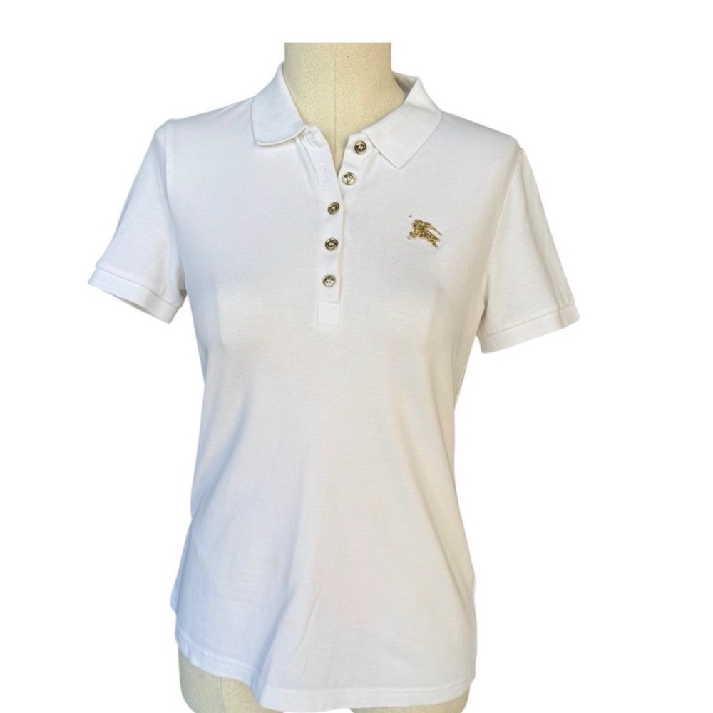 Burberry White Button-Front Short Sleeve Polo with Gold Logo